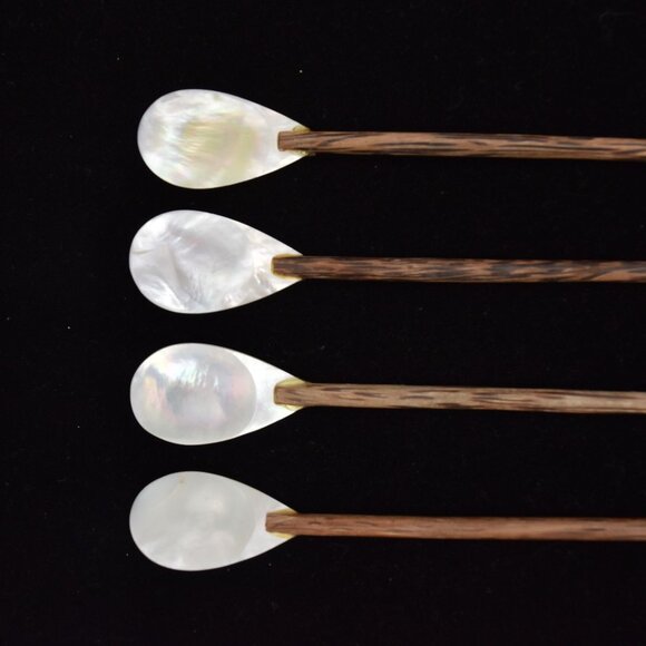 Handmade Spoons Set of 4 Mother of Pearl Long Wood Handles Ice Tea Spoon - Picture 4 of 5
